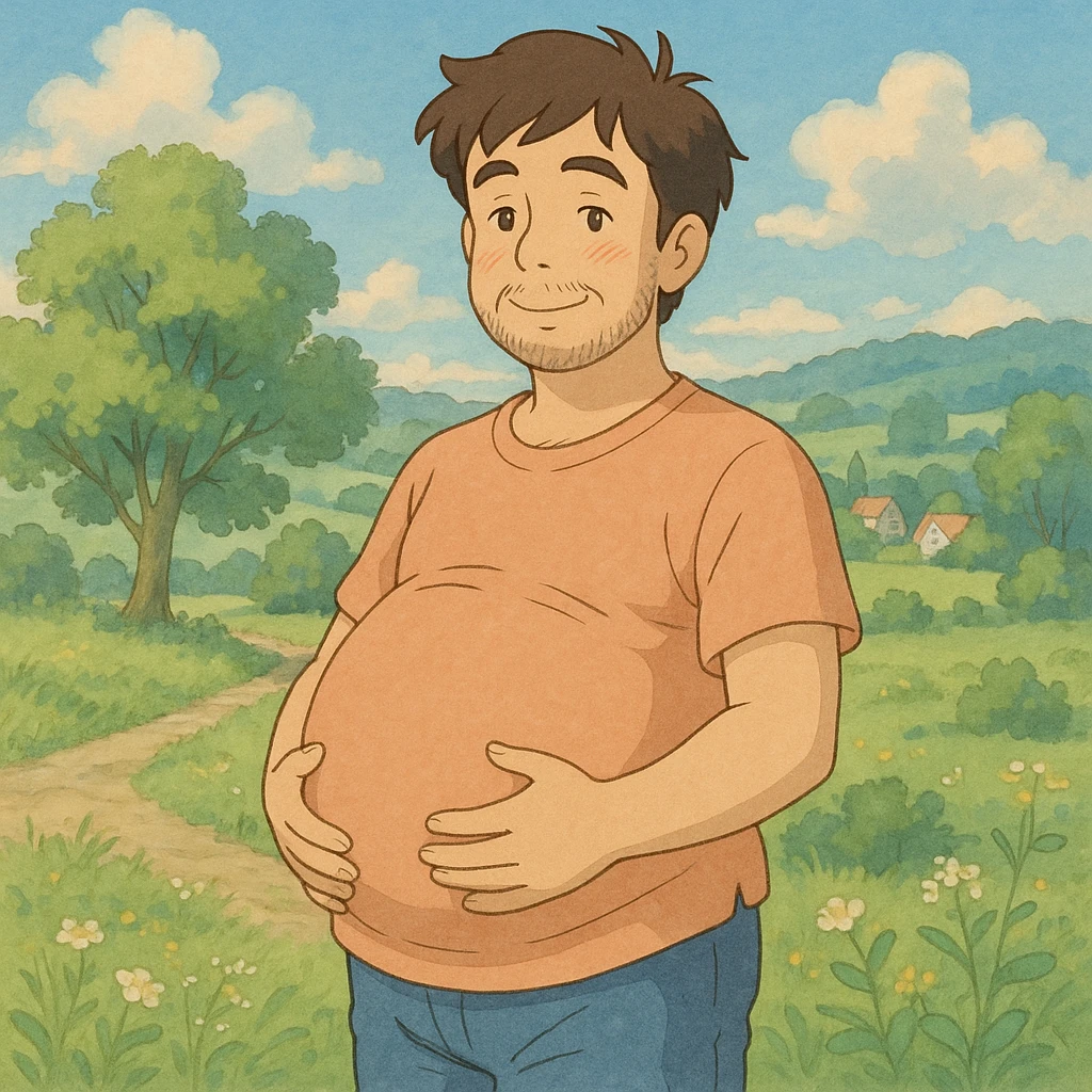 pregnant man, ghibli style, detailed, soft colors, whimsical emoji