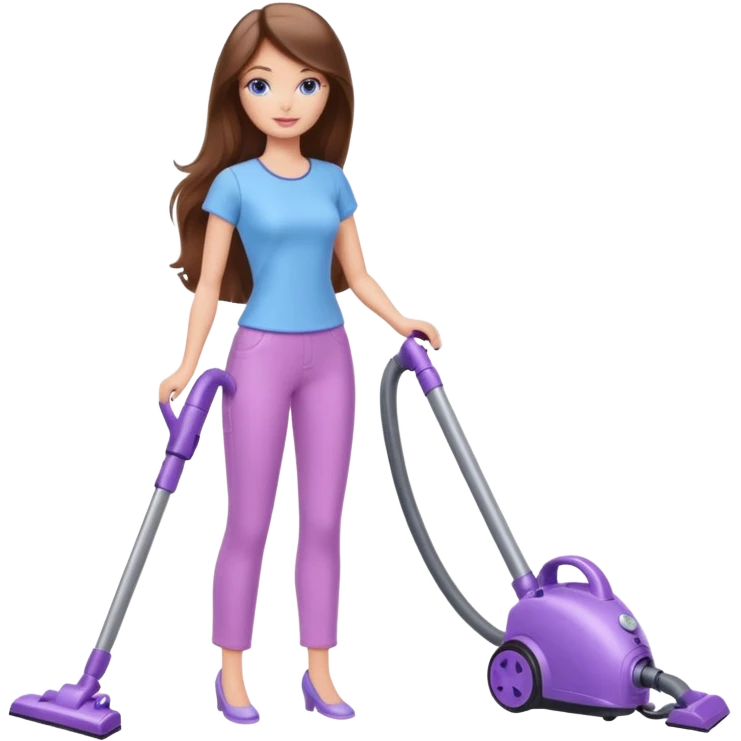beautiful barbie girl with long brown hair, blue eyes and wearing light purple clothes, cleaning and vacuuming emoji