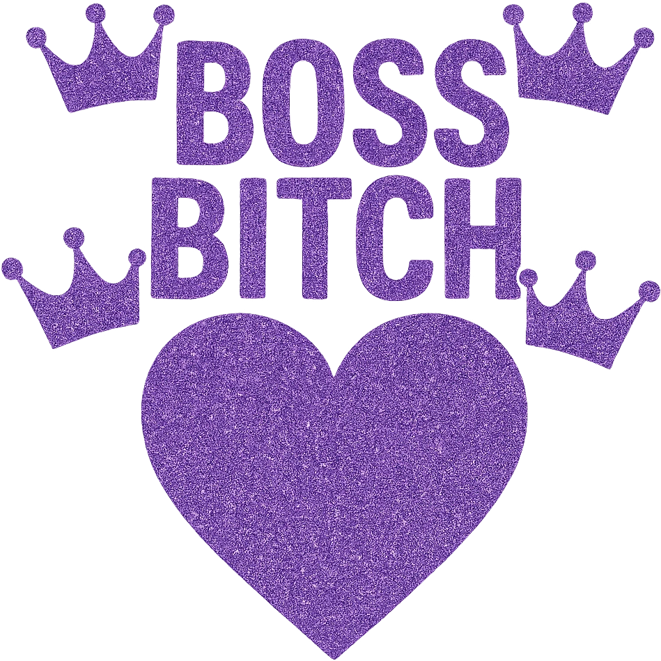 Purple Hearts and crowns with glitter and the words boss bitch heart, remove background emoji