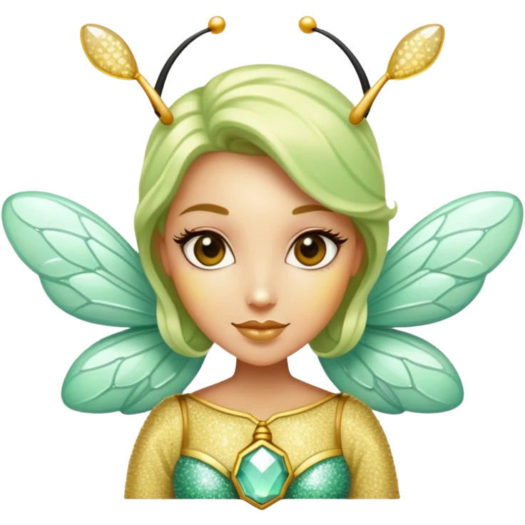 Mint green woman bee with diamond wings, sparkly rhinestones, and glitter accents emoji