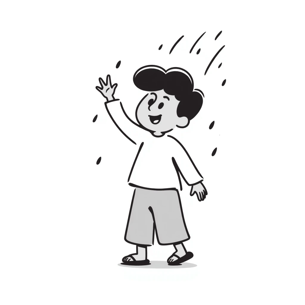 criança sapeca de chinelos a apanhar banhos de lua à chuva, hand drawn doodle style emoji
