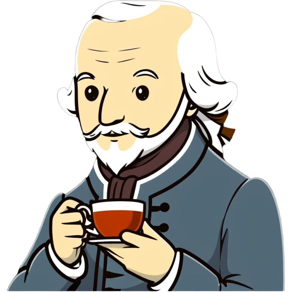 Adam Smith with a scholarly appearance, beard, 18th century attire, enjoying a cup of tea emoji