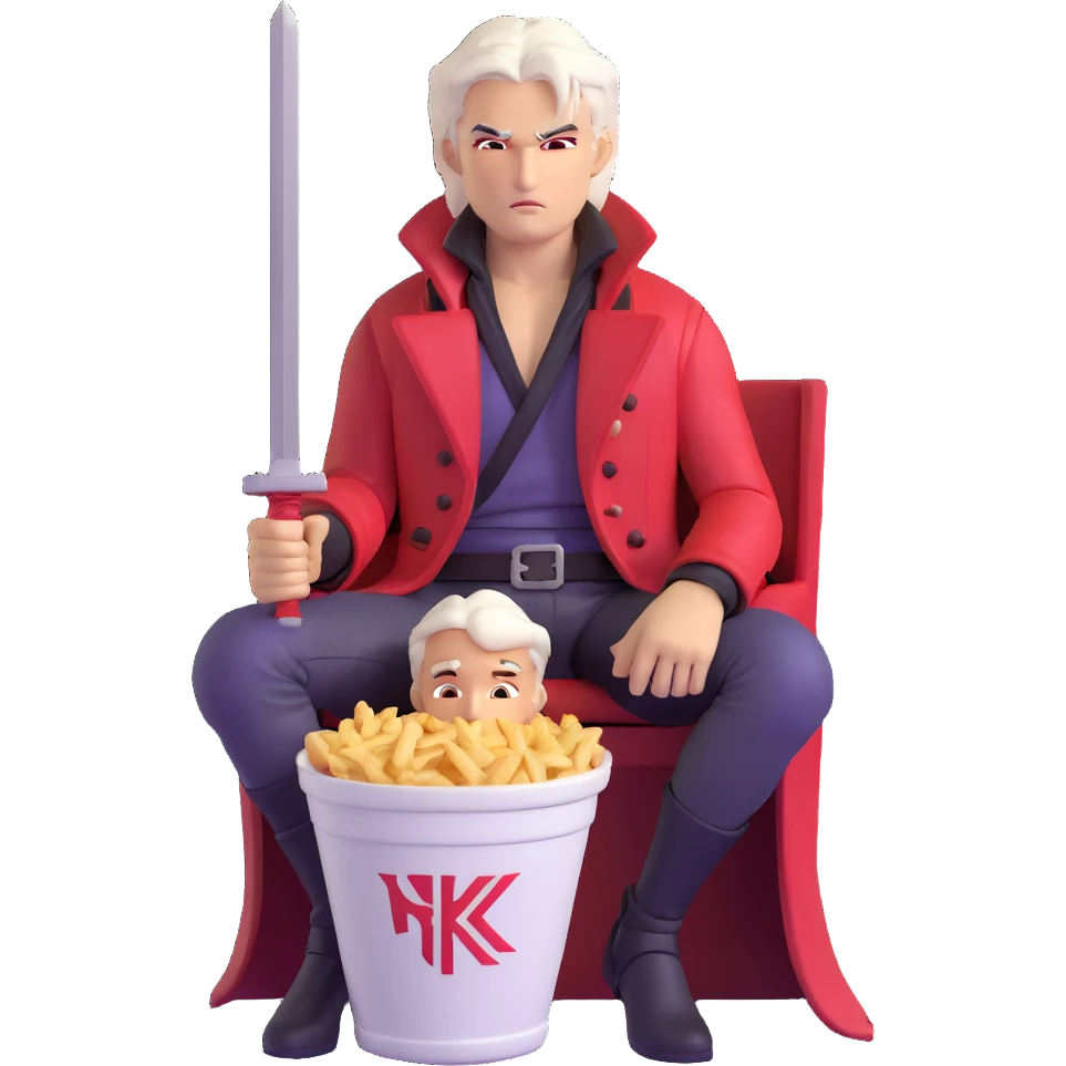 Dante from Devil May Cry sitting in a KFC bucket, red coat, white hair, rebellion sword emoji