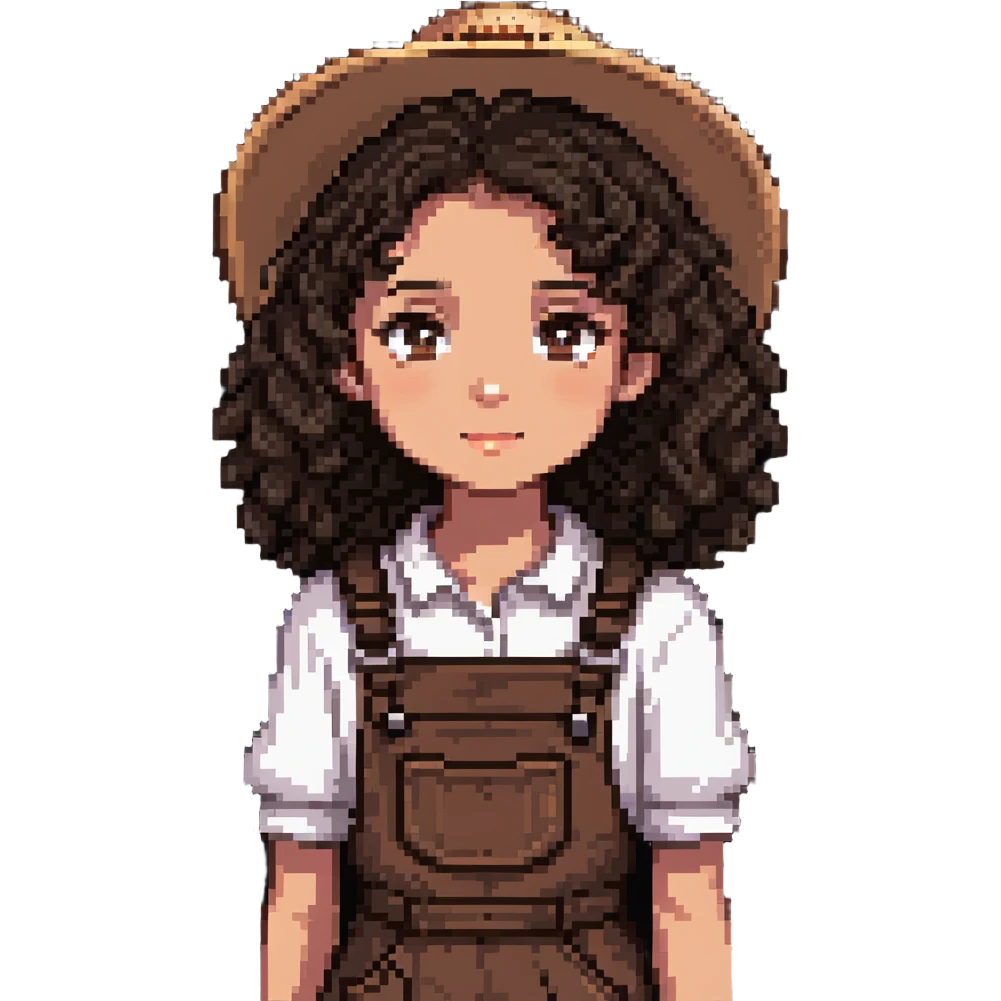 white girl with very curly dark brown hair, brown eyes, wearing farm clothes emoji
