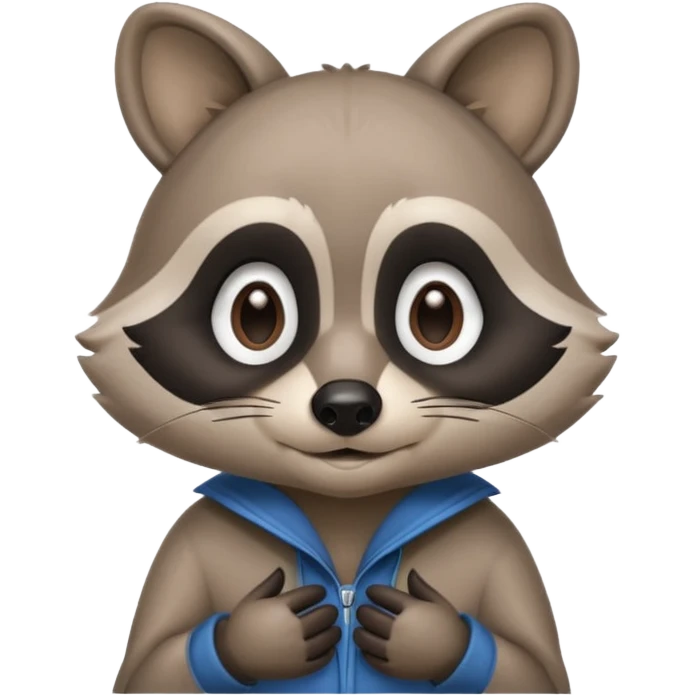 raccoon mascot thinking softly, hand on chin, curious expression, rounded shapes, minimal detail, smooth cartoon shading, ASD-friendly emoji