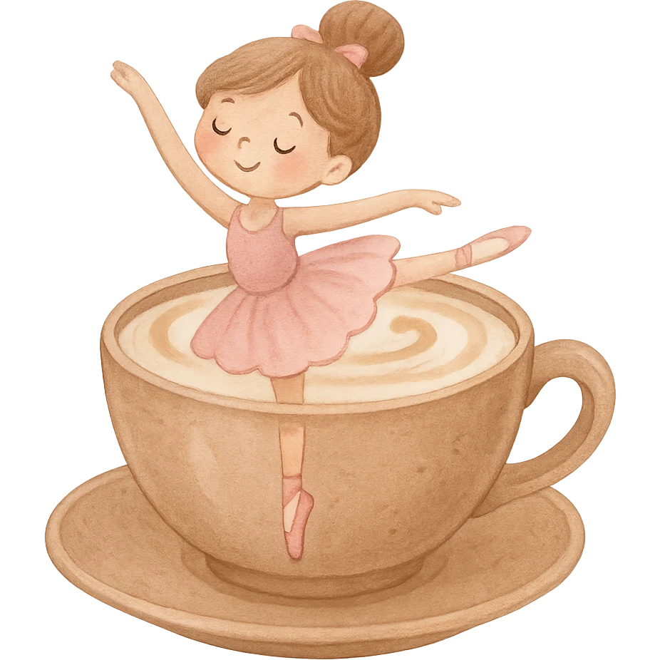 a whimsical and cute ballerina dancing inside a cappuccino cup, soft colors, no background emoji