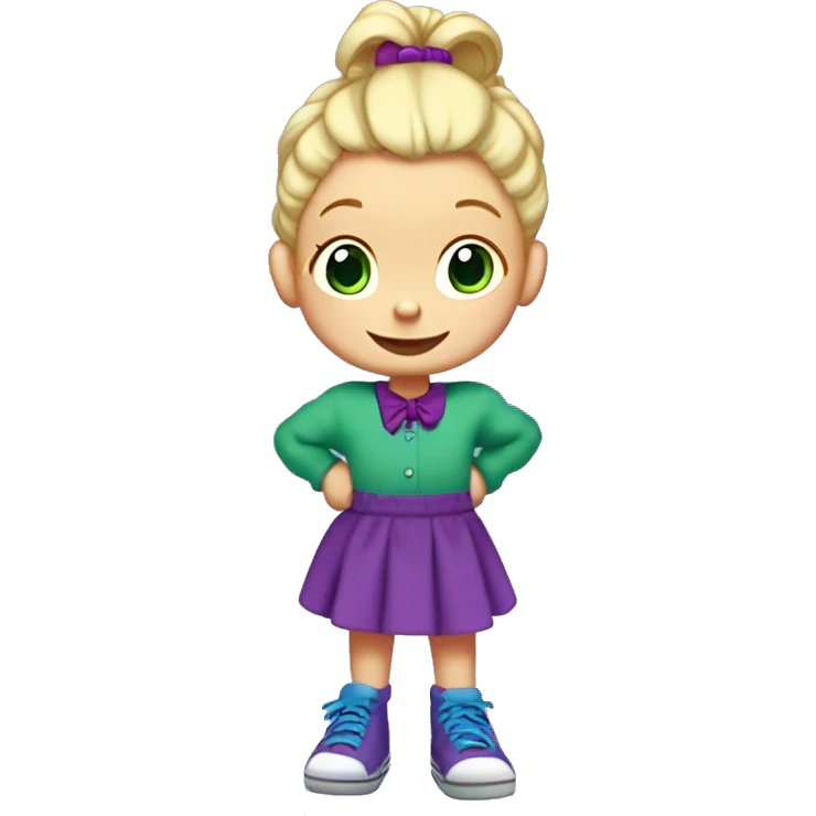A little blonde girl with pigtails and little purple bows wearing a red long-sleeved shirt and purple overalls skirt with blue tights with green polka dots and purple sneakers, full body, rugrats emoji