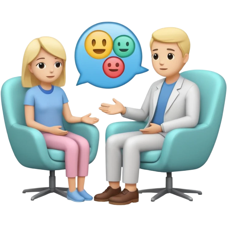 simplified human character sitting in a chair talking calmly with a psychologist, therapist listening attentively, safe and supportive atmosphere, mental health session, flat custom emoji sticker, pastel colors, rounded shapes, minimal details, thick outline, white background, no text emoji