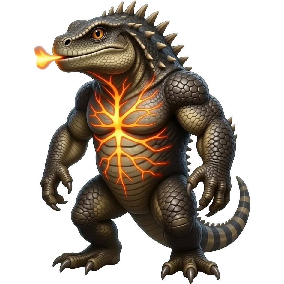 imaginary Creature: A stocky reptilian creature that stores heat in its chest and exhales thick, burning ash clouds. It prefers dry canyons and volcanic slopes emoji