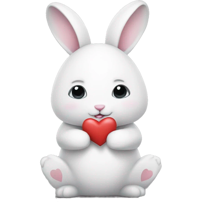 White bunny with grey fur on its back, holding hearts emoji