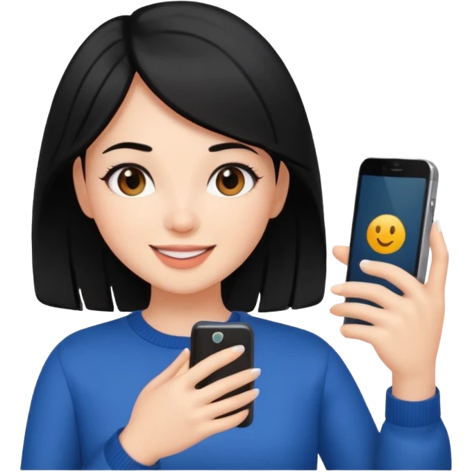 influencer girl black haired, phone in hand, recording herself, confident, trendy, emoji