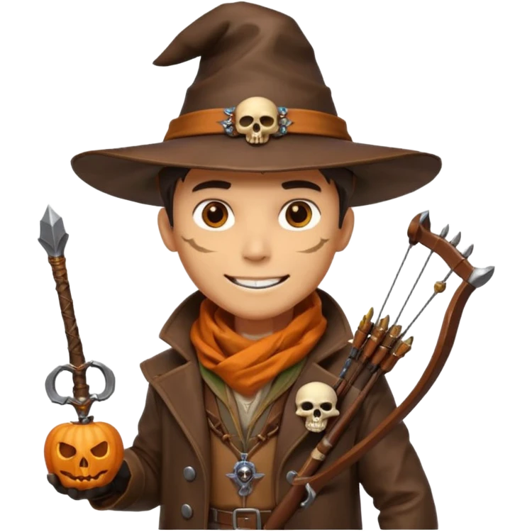 male human monster hunter emoji, wearing brown leather coat and wide hat, holding crossbow or rifle, with amulet shaped like skull, Halloween fantasy theme, confident smile, orange scarf, Apple emoji style, clean white background, square image emoji