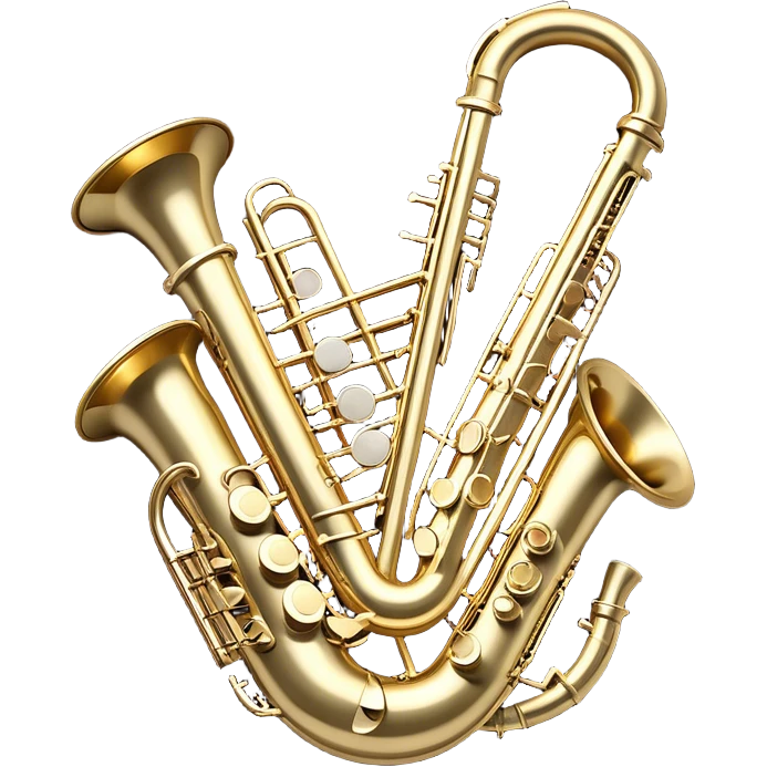 Design a complex, festive, and professional emblem-like emoji representing wind instruments. The composition should resemble a heraldic crest, featuring iconic wind instruments such as a trumpet, saxophone, clarinet, flute, and trombone, arranged symmetrically in a balanced and elegant layout. The instruments should intertwine with a flowing ribbon of musical notes, gracefully weaving around the brass and wooden bodies, emphasizing movement and harmony. Use intricate details such as polished metal surfaces, decorative engravings, and realistic textures to enhance the premium feel. The design should have a regal and celebratory color palette, with gold and silver highlights, deep wood tones, and subtle reflections. Additional ornate elements like laurel wreaths, elegant flourishes, or a subtle glow can be incorporated to emphasize the prestigious and musical essence of the emblem. The background should be transparent to allow for seamless integration into various designs. emoji