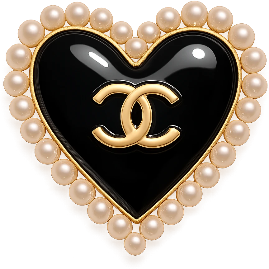  only the elegant heart with pearls and gold Chanel logo, glossy, pastel colors with no background. black pink,  emoji