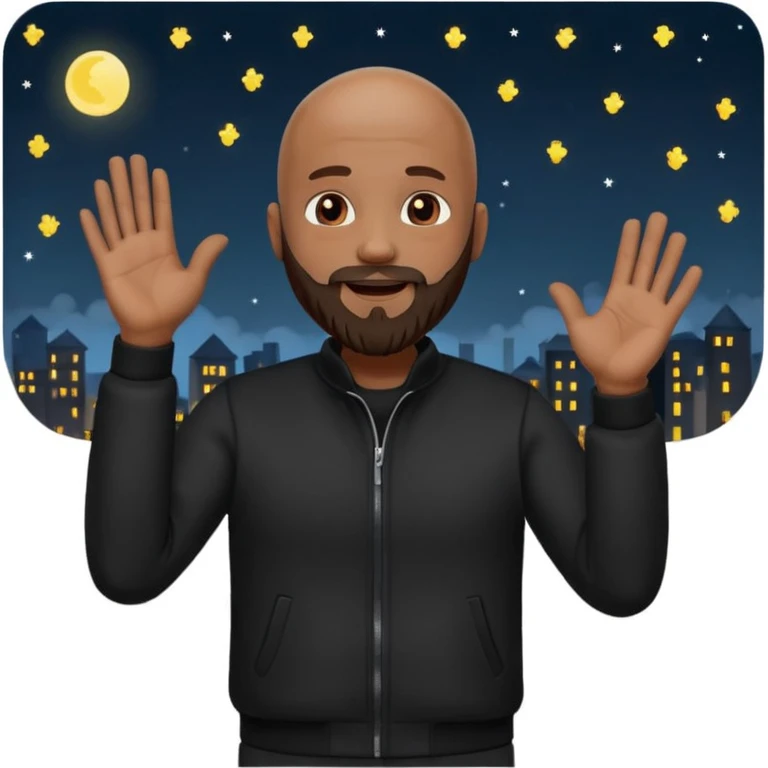 bearded bald man in black clothes, clapping hands, standing outside at night emoji