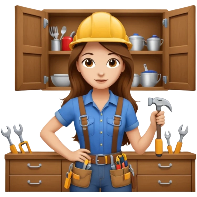 beautiful girl with long brown hair constructing new kitchen cabinets emoji