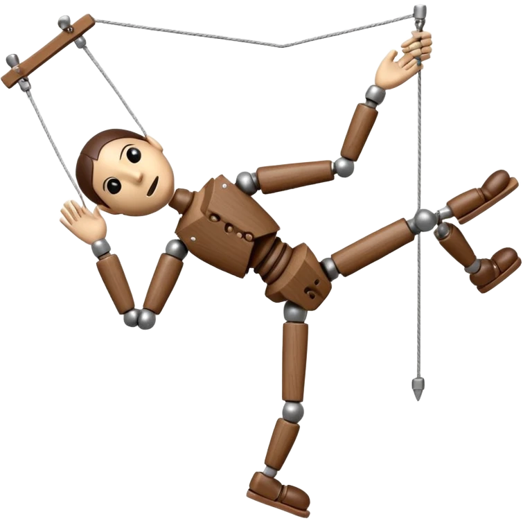 3D render of Broken Puppet as a wooden marionette puppet, Strings cut, slumped over, silver metal screw joints at elbows and knees, polished brown wood texture, rigid toy pose, emoji style, isolated on white background --v 6.0. emoji