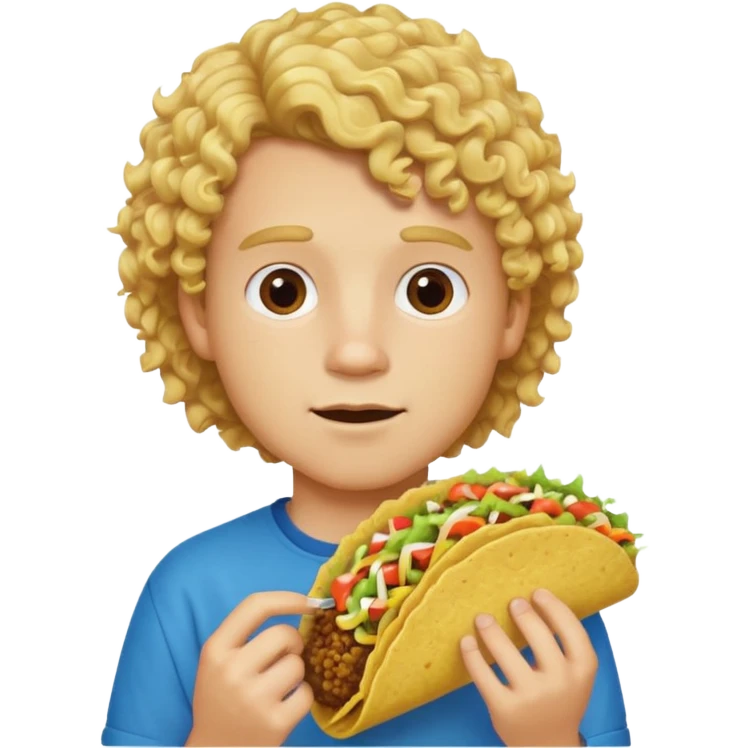 a boy with blonde curly hair eating a taco emoji