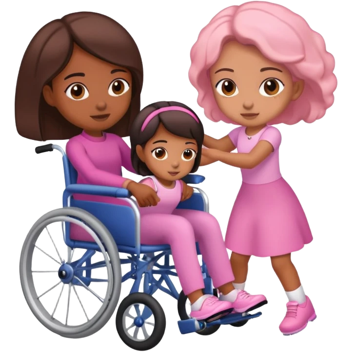 One tan skin sister pushing her brown skin sister in a pink wheelchair emoji