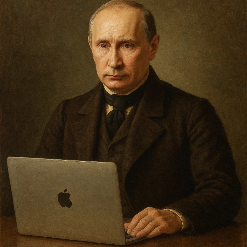 Historical leader portrait-style Vladimir Putin with a MacBook on a desk emoji