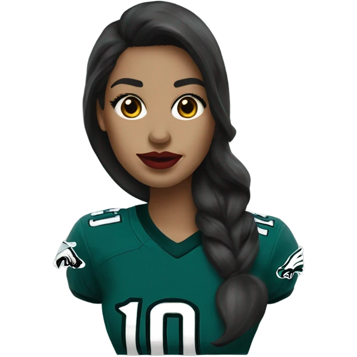 White female long dark hair red lips wearing Philadelphia Eagles jersey emoji
