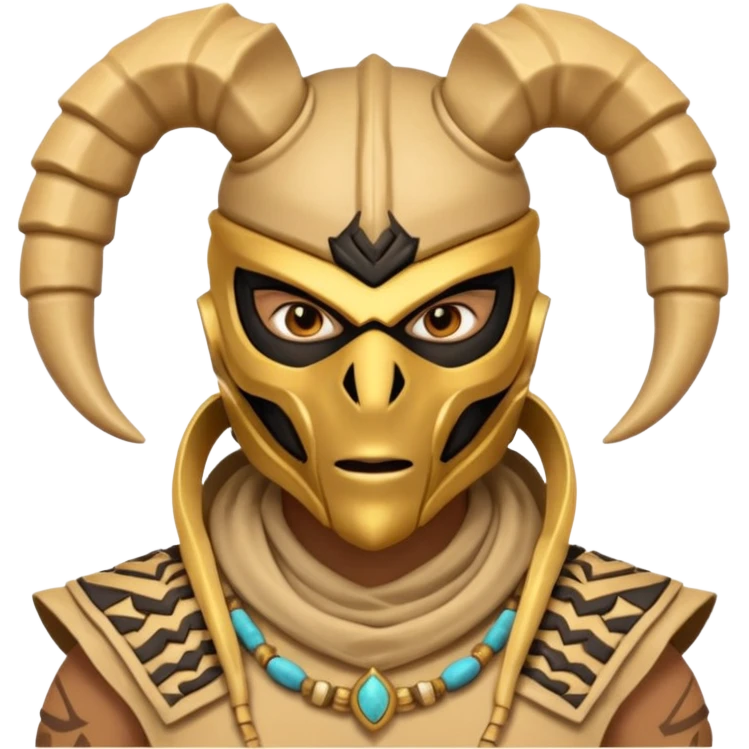 desert scorpion guard portrait, head and shoulders only, tribal mask, gold desert jewelry, fierce expression, sandy hood, 3D cartoon, mobile game icon style, clean background, no text, no watermark
 emoji