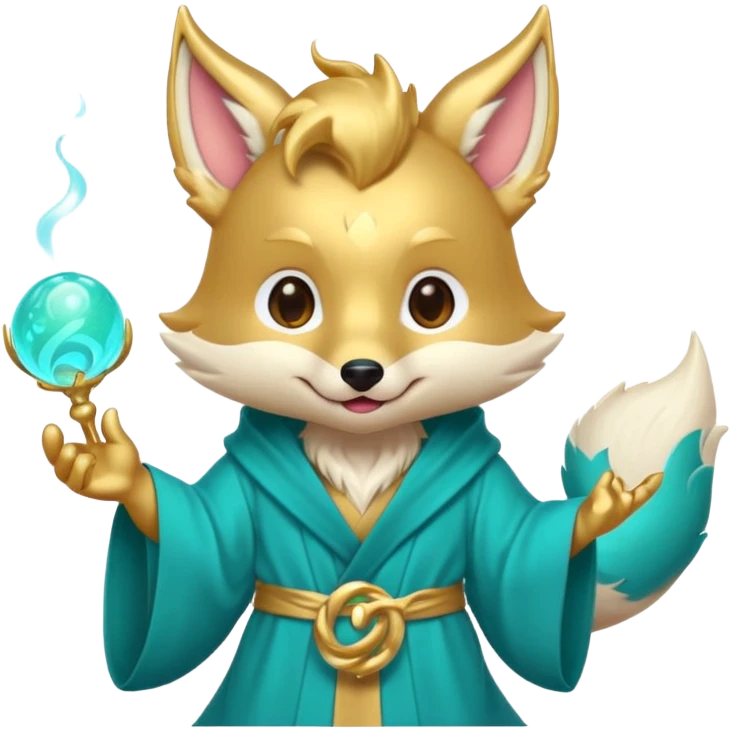 Cute chibi teal fox-dragon emoji with small antler horns, playful face with tongue out, swirl eyebrows, gold forehead mark, teal-gold robe, holding glowing blue orbs, soft pastel vector style. emoji