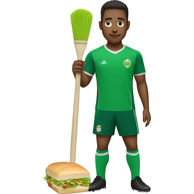 soccer player wearing a green shirt with a broom in their hand eating a sandwich emoji