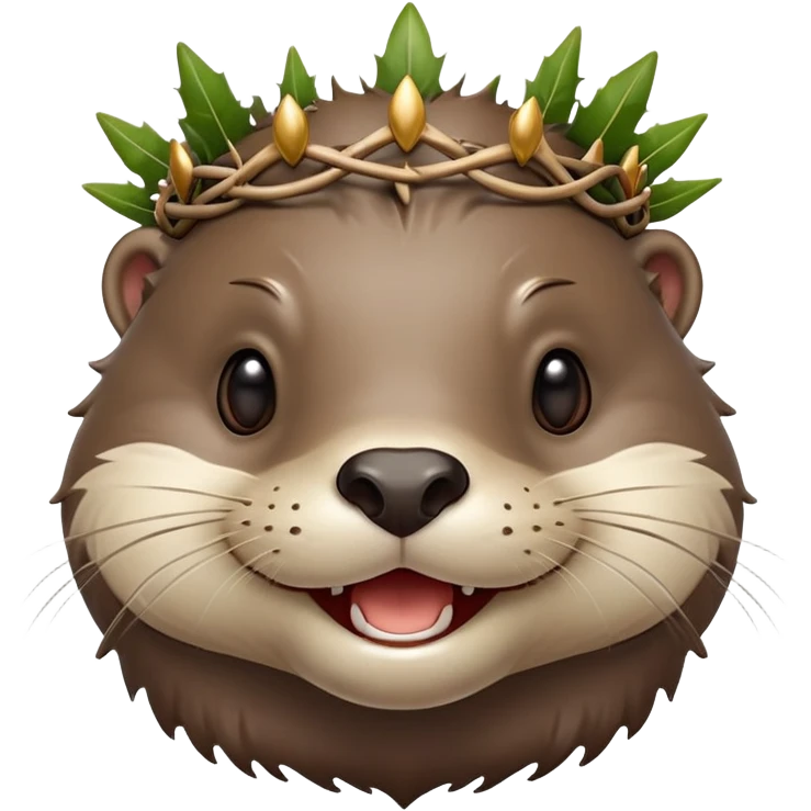 really cute smiling joyful otter face in three-quarter profile view with simple thorny stem wrapped horizontally around its forehead like Jesus Christ's Crown of thorns, Apple emoji style, glossy finish, polished look emoji