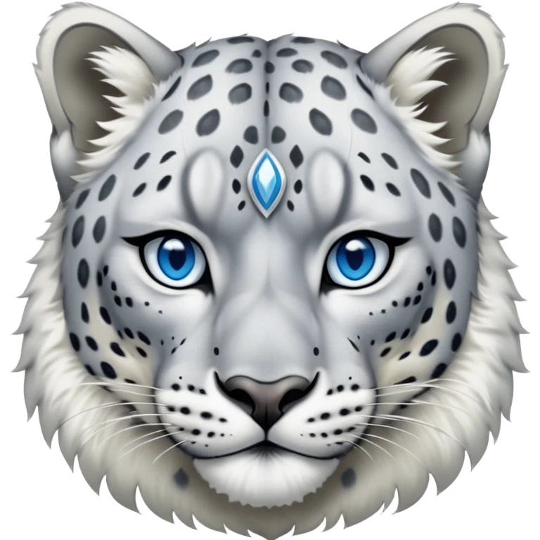 Cinematic-Noble-Snow-Leopard-Portrait-Emoji – Poised and majestic, with a muscular, agile build and a beautifully patterned coat of soft white and grey fur, marked with striking rosettes, deep-set, intelligent icy blue eyes, simplified yet sharp and sophisticated. emoji