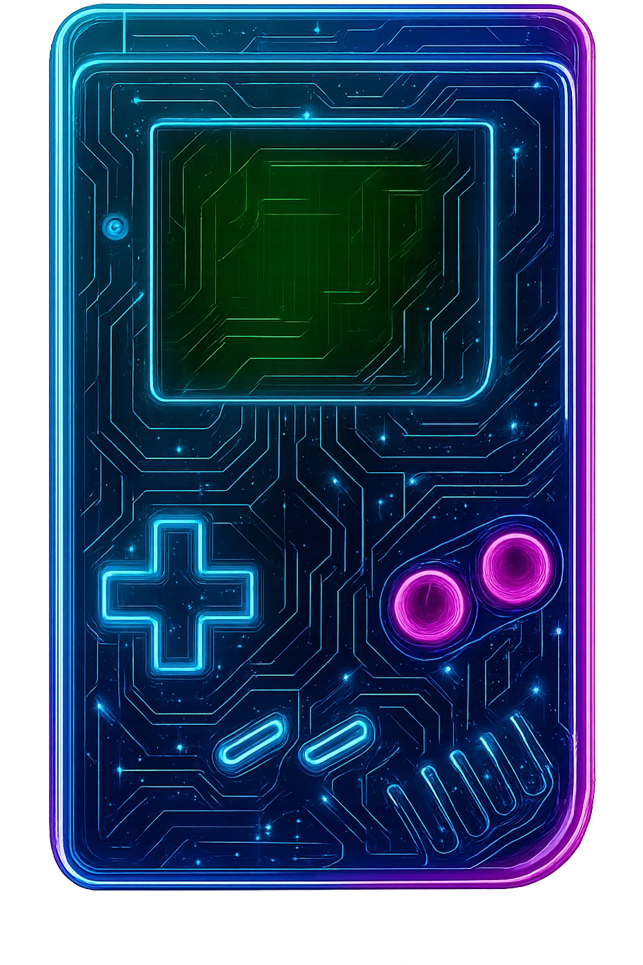 Transform the old Gameboy into a cyberpunk, holographic style with glowing neon blue and pink edges, circuit patterns throughout the entire device, and a transparent background. Maintain the recognizable Gameboy shape, buttons, and screen, overlaying neon and circuit effects in a futuristic, clean cyberpunk style with consistent glow and intricate circuit details. emoji