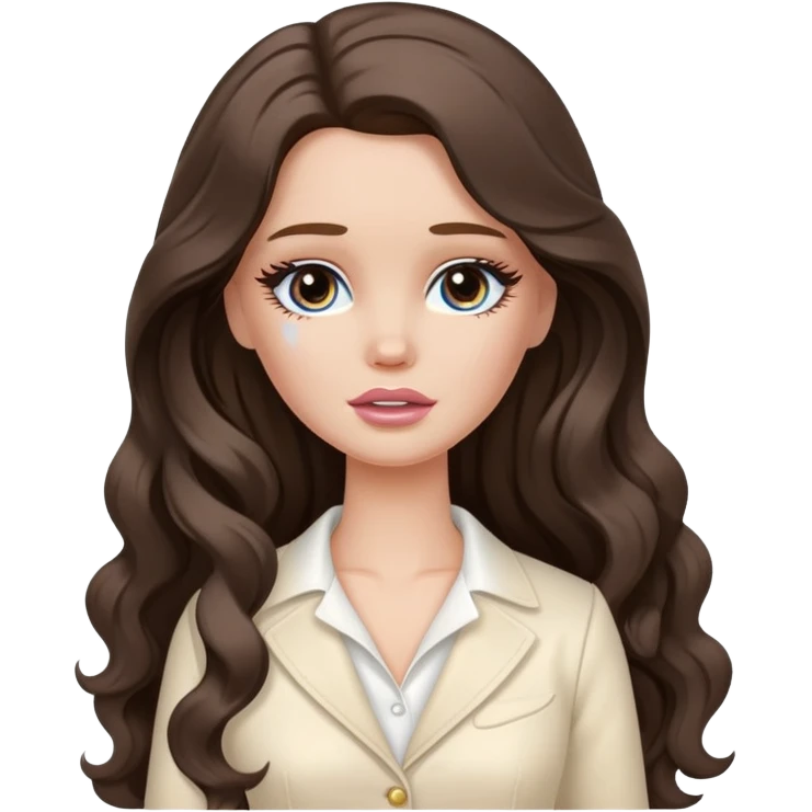 A white Barbie girl with long dark brown wavy hair in cream clothes crying with tears  emoji