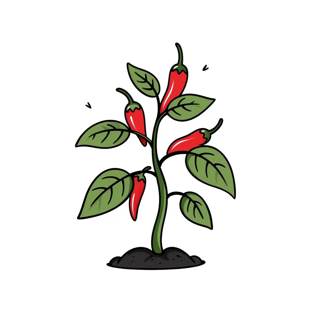 Hand drawn pepper plant with green leaves and red chili peppers emoji