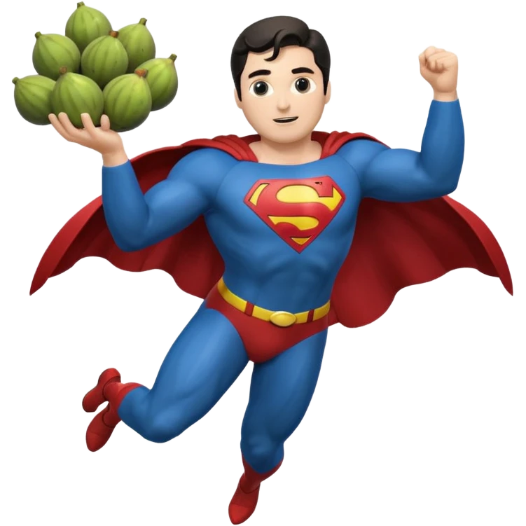 Superman in his suit flying with a bunch of figs in his arms emoji