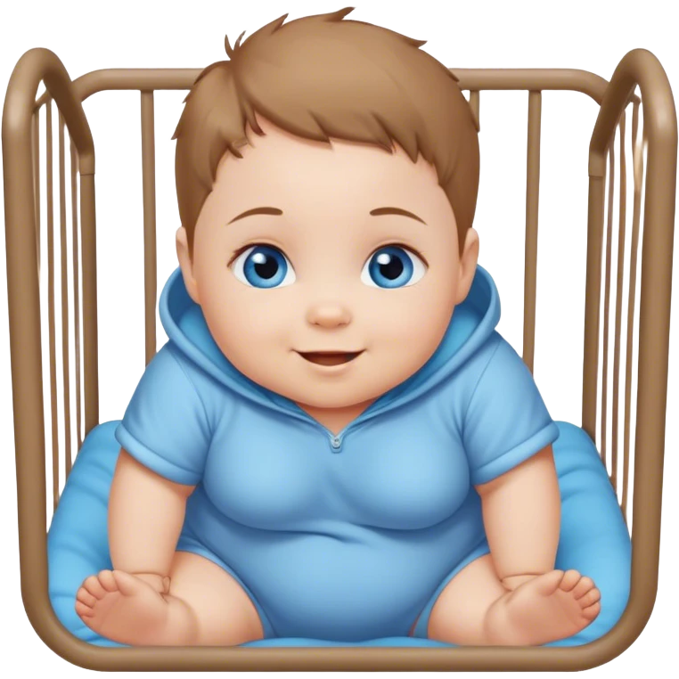 Blue-eyed baby girl with short light brown hair, chubby pants cheeks, mischievous smile in playpen  emoji