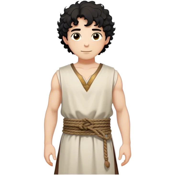medieval summer outfit worn by a DnD themed fantasy male character. basic sleeveless cotton tunic with a V-shaped neckline and a thin rope belt. clothes only above the waist. The clothes full waist. The character's haven't arms. character is white-skinned, black hair, brown eyes, short curly hair. emoji