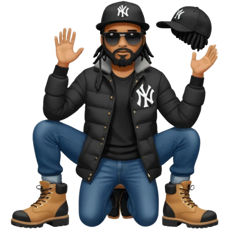 African American man with shoulder length black dreadlocks with black beard wearing black sunglasses wearing a black New York Yankees logo baseball cap wearing a black bubble winter coat wearing denim skinny jeans and timberland boots putting on his shoes emoji