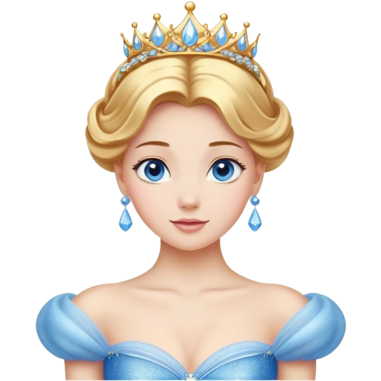 Cinematic Stunning Cinderella Portrait Emoji, Radiant in her sparkling blue ball gown, golden hair in a perfect updo, soft blue eyes full of wonder, glistening tiara, glowing with an ethereal beauty, regal yet kind, a dreamlike aura surrounds her, capturing the essence of a fairy tale princess, elegant and breathtaking! emoji