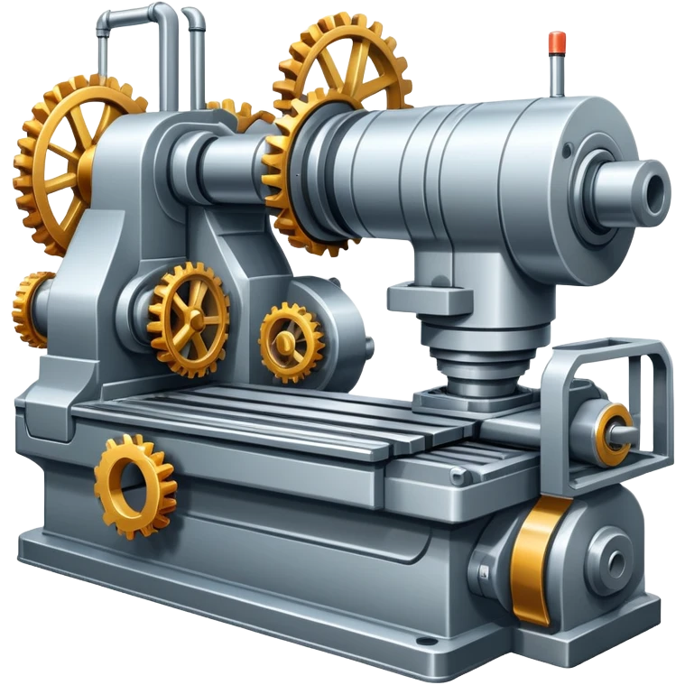 An icon featuring a giant machine tool in a factory, manufacturing machines. The design includes gears, mechanical parts, and a production line, representing the art of mechanical engineering and industrial design. Transparent background highlights precision engineering and manufacturing processes. emoji