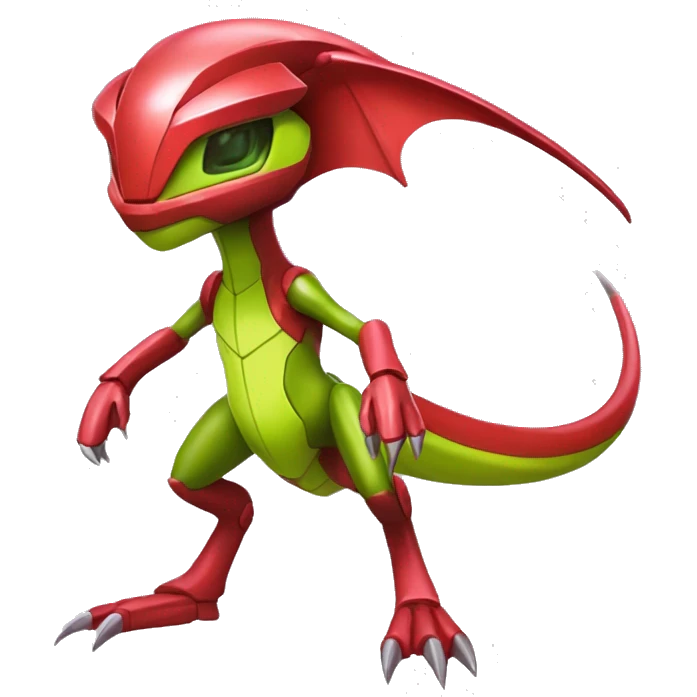 a shiny red Genesect-Flygon-Raptor-Fakémon—hybrid with a futuristic visor-helmet full body emoji