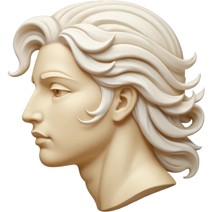 Create a stylized illustration of a classical face carved in white marble, shown in profile, gently blowing wind. The wind is depicted as decorative swirling lines emerging from the mouth.  emoji