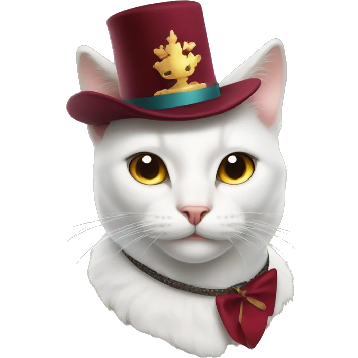 
white cat with a New Year's burgundy hat on his head and a collar emoji