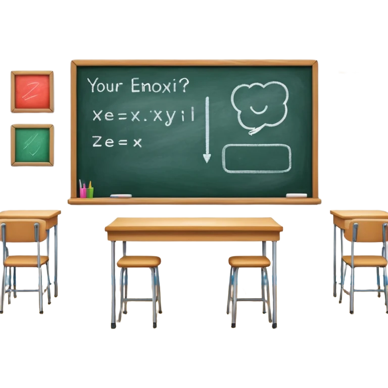 a classroom interior with a prominent chalkboard emoji
