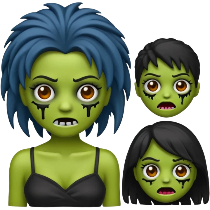 faça uma boneca zumbi estilo emoji do iphone com cabelos pretos cacheados sem muito volume e olhos pretos  emoji
