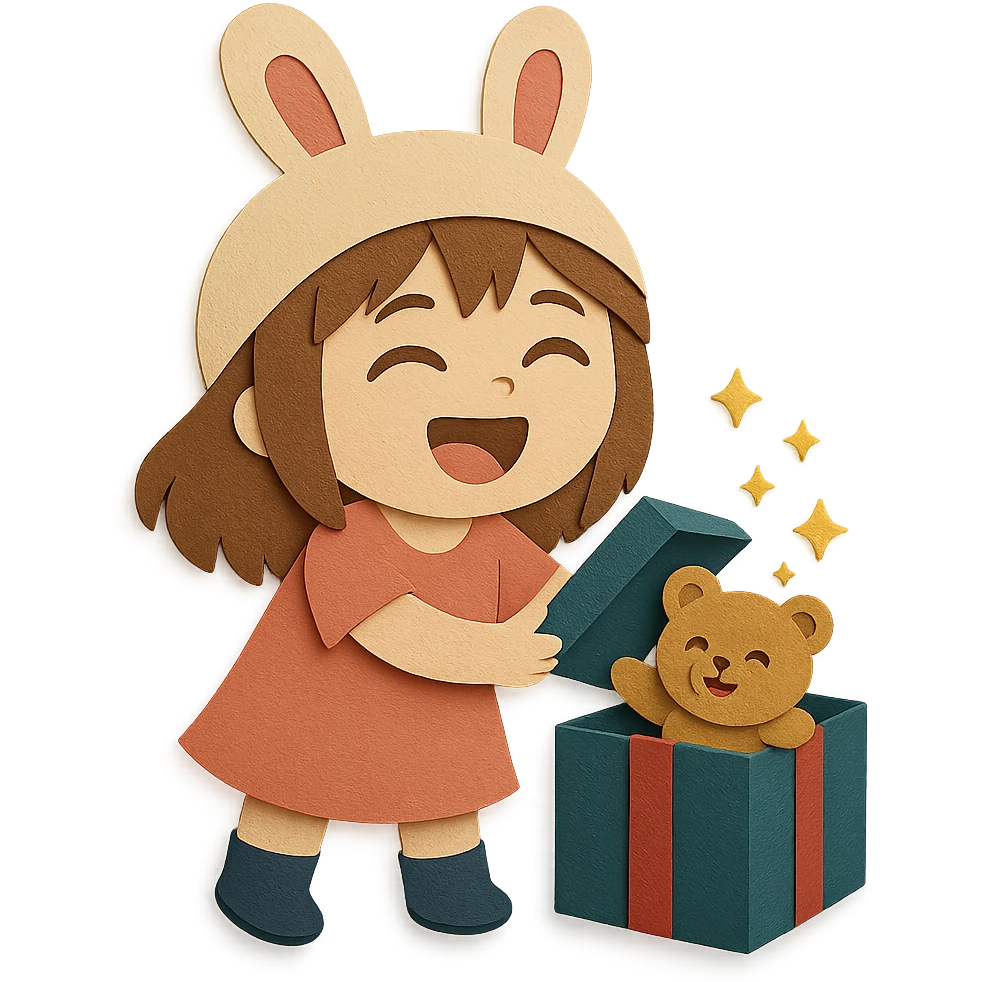 Edit the appearance of the gift box and teddy bear to be well-shaped and good looking, with no imperfections. Keep the chibi girl, style, pose, and all other design elements the same. Full body, paper-craft style. emoji