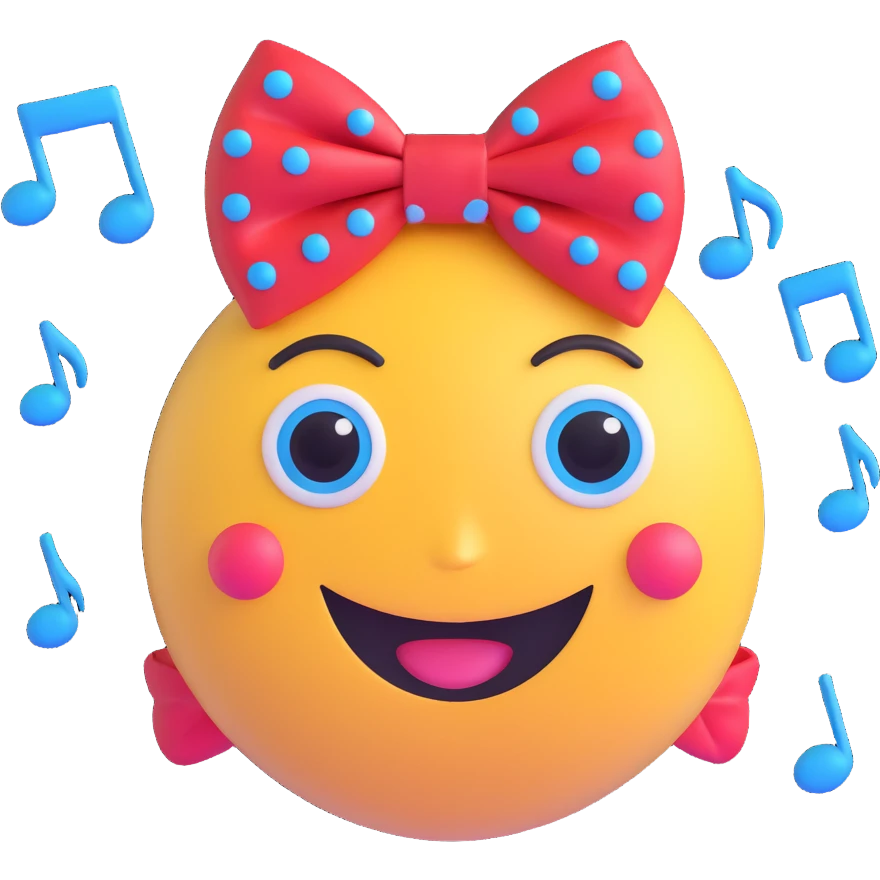 3D smiley emoji, large eyelashes, red polka dot bow, embarrassed, looking away eyes, blue eyes, musical notes emoji