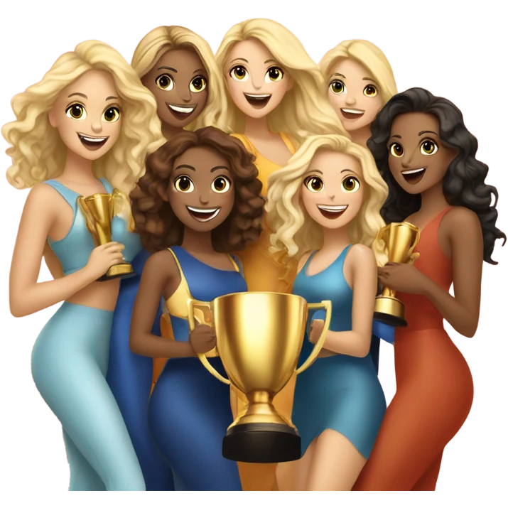 Seven beautiful and stylish blonde and Latina models celebrating with 1 huge gold trophy emoji