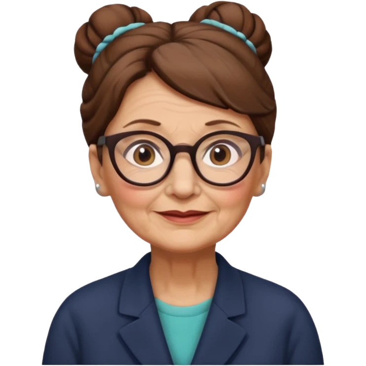 Old woman with brown hair in a bun and glasses, white European emoji