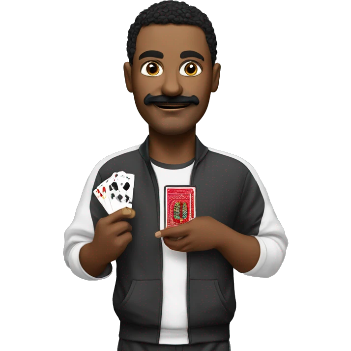 man,  with black moustache, a sly smirk, wearing track suit, with cash and playing cards in his hands emoji
