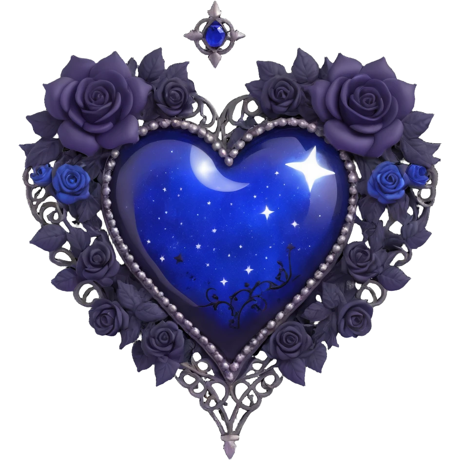 gothic heart made of midnight blue glass with a silver crescent moon, tiny black roses, shimmering stardust, lace trim border emoji